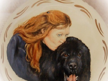 Owner w. dog, memorial portrait painting on glass or shatterproof ornaments
