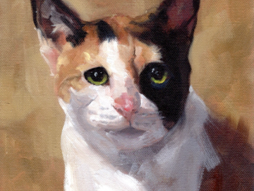 A painting of a calico cat, 8 x 8 inches oil on stretched canvas