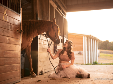 horse in stall and owner