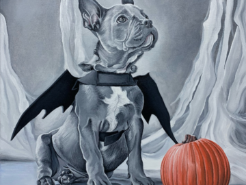 Dog painting of a French Bulldog in costume.