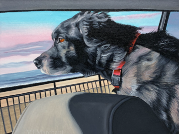 Custom oil painting of a dog riding in the car.