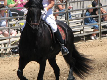 Terrie Douglas riding Bella at a horse exposition