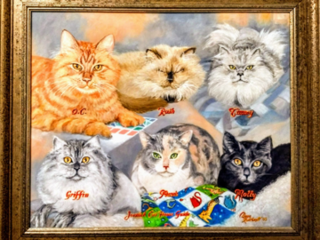 "Joswick Cat House Guide" This client wanted paintings of all her cats in one portrait. So I combined the images hence the clever title name.