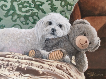 "Toby and his Teddy" This was an accumulation of three different photographs. The original photo of the dog was with his sons head under the dog's head. He wanted the dog with his bestie in the photo... his teddy bear. One of my favorites. 