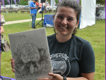 Shelly the tortoise with her handler Jordan at the Catherine Violet Hubbard Sanctuary's Butterfly Party in 2022.  Shelly was sketched from life in front of a growing crowd of onlookers!