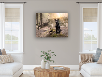 a large canvas with a black German Shepherd against a stone wall, in a lounge