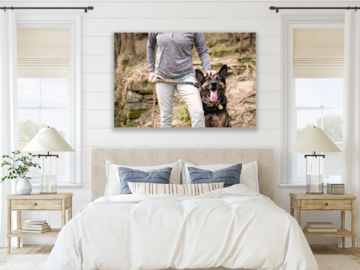 Large canvas showing a German Shepherd standing next to his owner whose hand is resting on his head.  The canvas hangs over a bed in a bedroom.