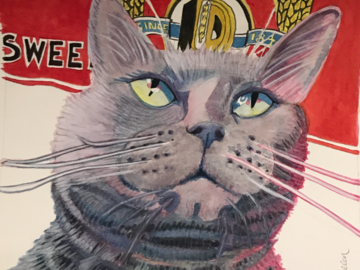 Watercolor using the Boudin bread logo, replacing the name of the cat, which is Sweet D
