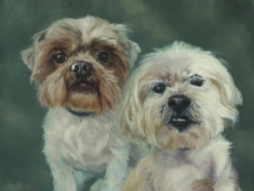 Oil painting of two small, white, mixed breed dogs