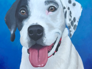 An 18"x24" pet portrait painting of a black and white dog with a vibrant blue background.