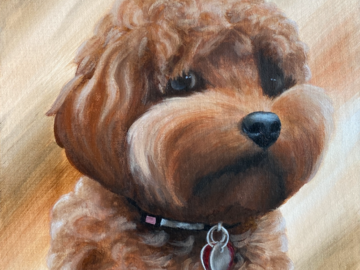 A 16"x20" pet portrait painting of a brown dog with curly fur on a brown, tan and cream abstract background.