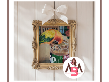 Acrylic pet portriat painting of a Sun Conure eating peanut butter by artist Amy Boardman