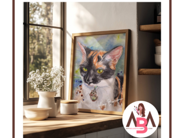 Watercolor pet portriat painting of a calico kitty named Ki Lani by artist Amy Boardman.