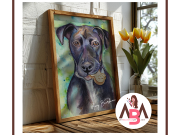 Watercolor pet portriat painting of a black dog with a cookie in his mouth named Boba by artist Amy Boardman.