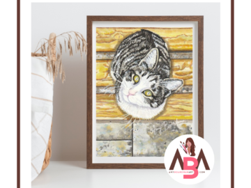 Watercolor pet portriat painting of a tabby cat sitting on a yellow bench by artist Amy Boardman.