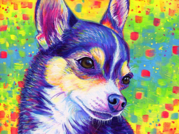 Colorful painting of a tricolor shorthair chihuahua dog