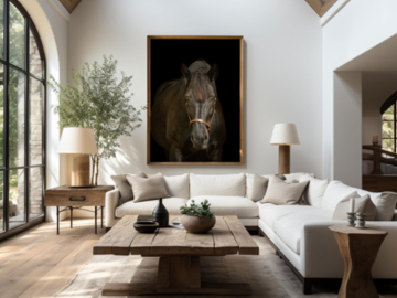 A black Friesian mare on a black background is framed above a neutral sectional in a living room.