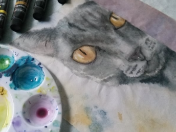 A colorful portrait of a grey domestic shorthair cat with orange eyes, painted in watercolor.