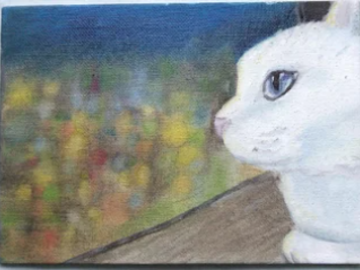 A white cat sitting by a window overlooking the city lights at night. Oil on canvas.