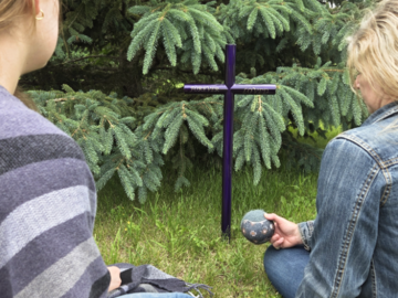 EC Purple Amethyst memorial engraved "Forever Loved"  two individuals visiting the loss of the fur baby.