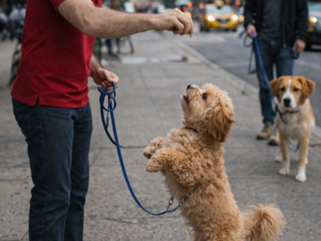 Pepe training dog in urban NYC streets