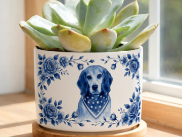 Dog on flower pot