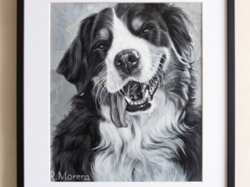 A hand-painted, black and white acrylic portrait of a happy Bernese Mountain Dog