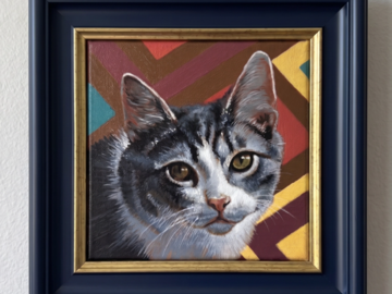 An original acrylic portrait of a domestic short-haired cat against a colorful geometric chevron background