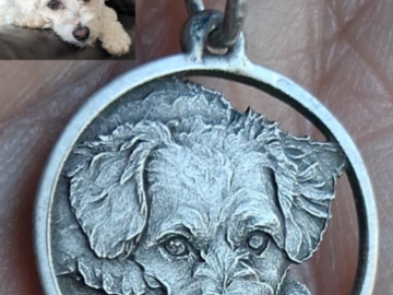This was my dog Biscuit. He was the first portrait I had ever made. The silver is from a 1964 Roosevelt silver dime that I inherited from my grandfather. He was the first and will always be t