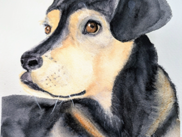 Custom watercolor portrait of a sweet mixed breed rescue dog, hand-painted by Wren.