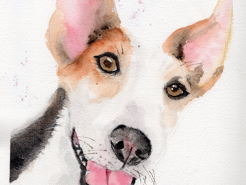 Hand-painted watercolor Jack Russell portrait capturing the joyful personality and happy smile of a sweet pup.