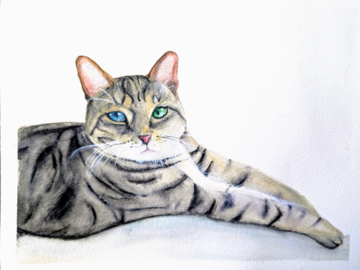 Original hand-painted watercolor pet portrait capturing the relaxed pose and gentle soul of a beloved tabby cat.