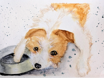 Custom terrier-mix watercolor portrait by Wren, featuring a loose, expressive style and a sweet, soulful expression.