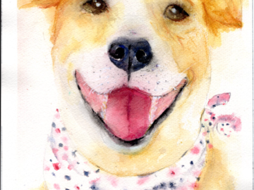 • Custom watercolor pet portrait by Wren, capturing the joyful smile and bright personality of a happy pup in their favorite bandana.